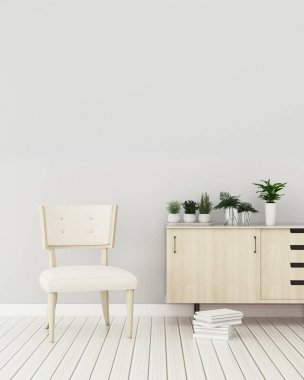 Beyaz sandalye ve ahşap dolap ile depolama odası.Otelde Konfor alanı. vintage iç tasarım. -3d render