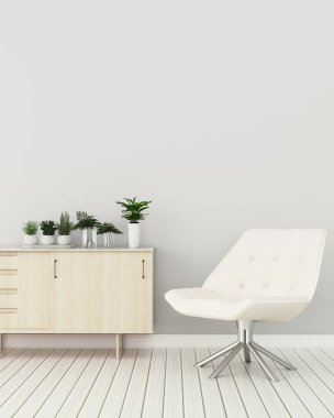 Evde rahatlayın.sandalye ve beyaz dolaplı boş oda. modern iç tasarım. -3d render