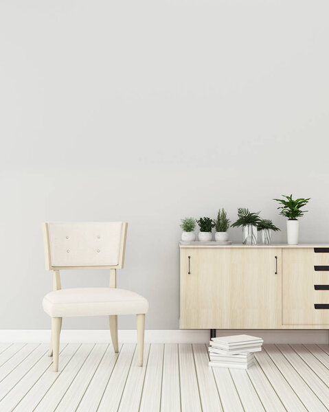Storage room with white chair and wooden cabinet.Comfort space in hotel. vintage interior design. -3d rendering