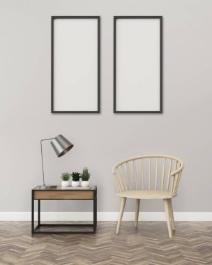 Otelde konfor alanı. Lobi odasının içi. İki beyaz tahta ve sandalye ile boş oda. -3d render