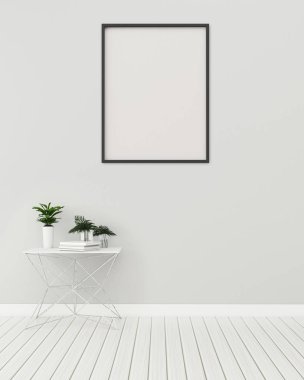 Masa ve beyaz tahta ile beyaz oda. Otelde konfor alanı. klasik İskandinav tasarım. -3d render