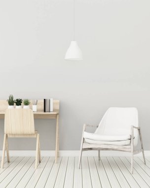 İskandinav oturma odasının içinde sandalye ve lamba. Evinde çalışma alanı. Çalışma odasının içinde. - 3D görüntüleme