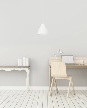 Dairede çalışma alanı. Masası ve çalışma masası olan oturma odası. İskandinavya tarzı iç tasarım. - 3D görüntüleme
