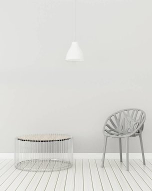 Beyaz sandalyesi ve çelik masası olan ortak oda. Otelde konfor alanı. Klasik iç tasarım. - 3D görüntüleme