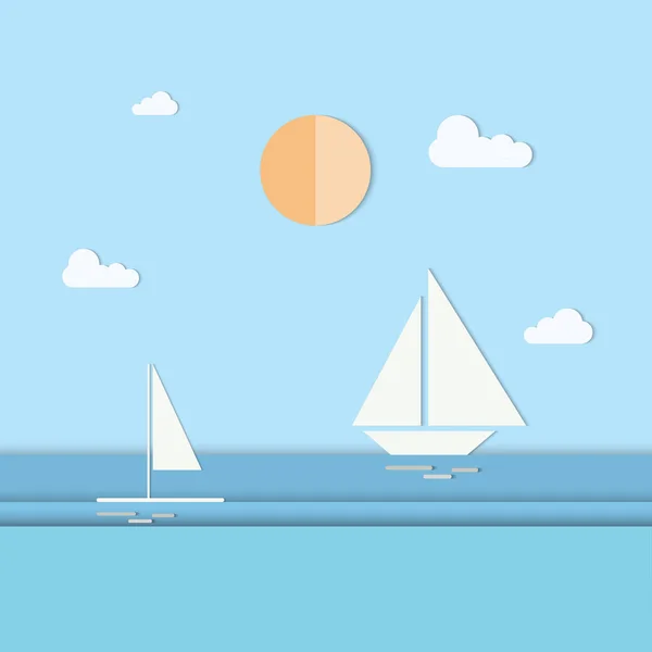 Zeegezicht Zeilschip Bewolkte Lucht Met Zon Wit Schip Met Reflectie — Stockvector