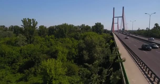 ブリッジ Siekierkowski の空撮。赤いロープ ブリッジ — ストック動画
