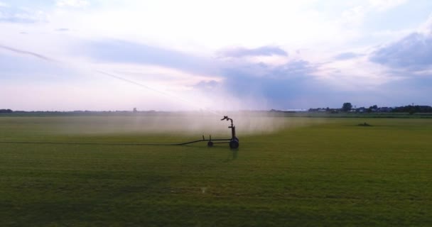 Sistema de irrigação a regar um campo agrícola. Fechar Vista — Vídeo de Stock