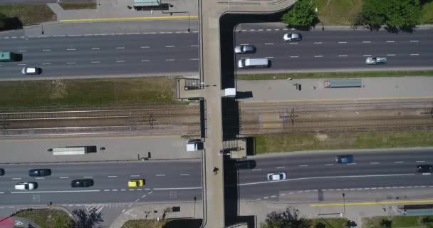 Warsaw Poland Aerial Top View Pedestrian Bridge Running Traffic — Stock Video