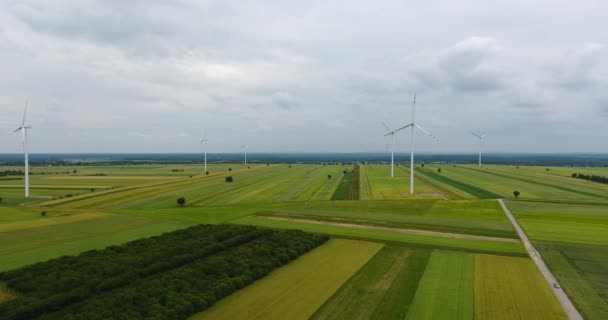 Polonya'daki yel değirmeni çiftliği. Havadan görünümü. — Stok video