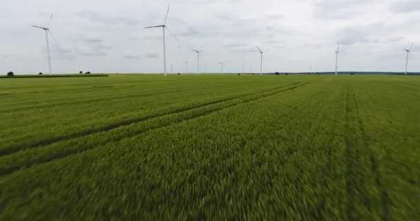 Voando acima do campo com uma vista na fazenda de turbinas eólicas — Vídeo de Stock