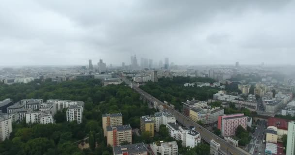 Ulewny Deszcz Centrum Miasta Widok Lotu Ptaka Panorama Warszawy Warszawa — Wideo stockowe