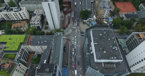 Flying City Streets Aerial View Rooftops Warsaw Poland — Stock Video