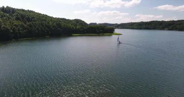 Aerial: Sailboat On Blue Forest Lake — Stock Video