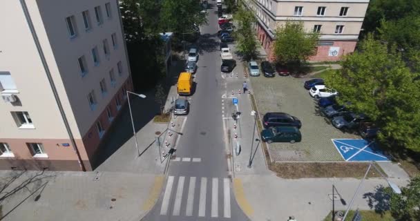 Panning Left Street View Drone Shot Warsaw Poland — Stock Video
