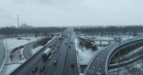 Volare Sull Autostrada Altamente Congestionata Inverno Traffico Bloccato — Video Stock