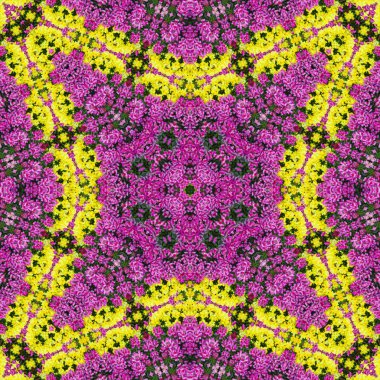 Flowerbed üzerinde güzel mor, kırmızı ve sarı çiçek deseni. Kaleydoskop