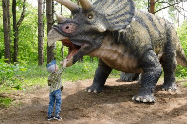 Belgorod, Rusya, 2018 - dinozor Park 20 Mayıs, küçük çocuk dinozor Triceratops modeli ile etkileşime girer.