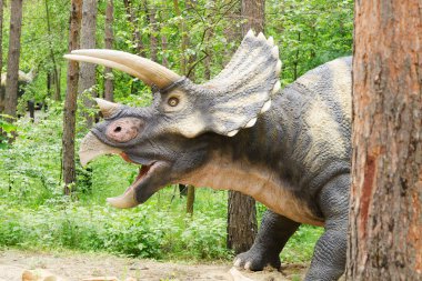 Belgorod, Rusya, 2018 - dinozor parkı, dinozor modeli Triceratops 20 Mayıs