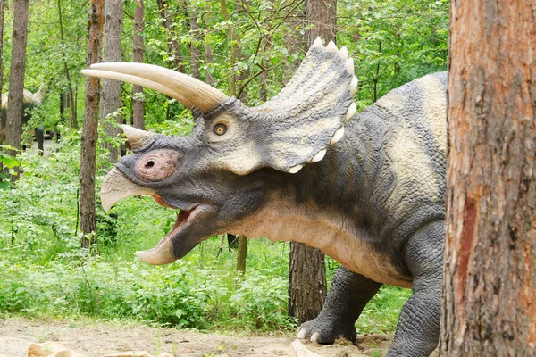 Belgorod Russland Mai 2018 Dinosaurierpark Dinosauriermodell Triceratops Stockbild