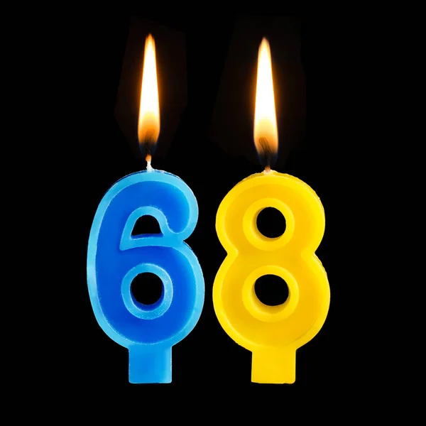 Burning Birthday Candles Form Sixty Eight Cake Isolated Black Background — Stock Photo, Image