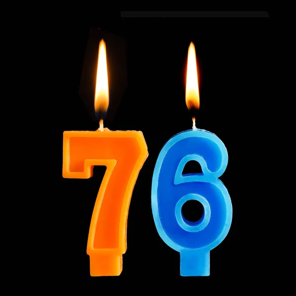 Birthday Burning Candles Form Seventy Six Cake Isolated Black Background — Stock Photo, Image