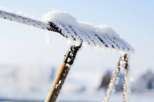 Râteau de jardin couvert de neige et de givre — Photo
