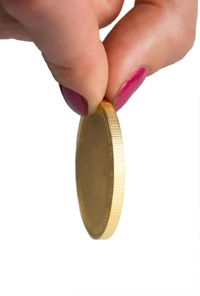 Guldmynt Med Ett Nominellt Värde 200 Dollar Kvinnliga Fingrar Isolerad — Stockfoto