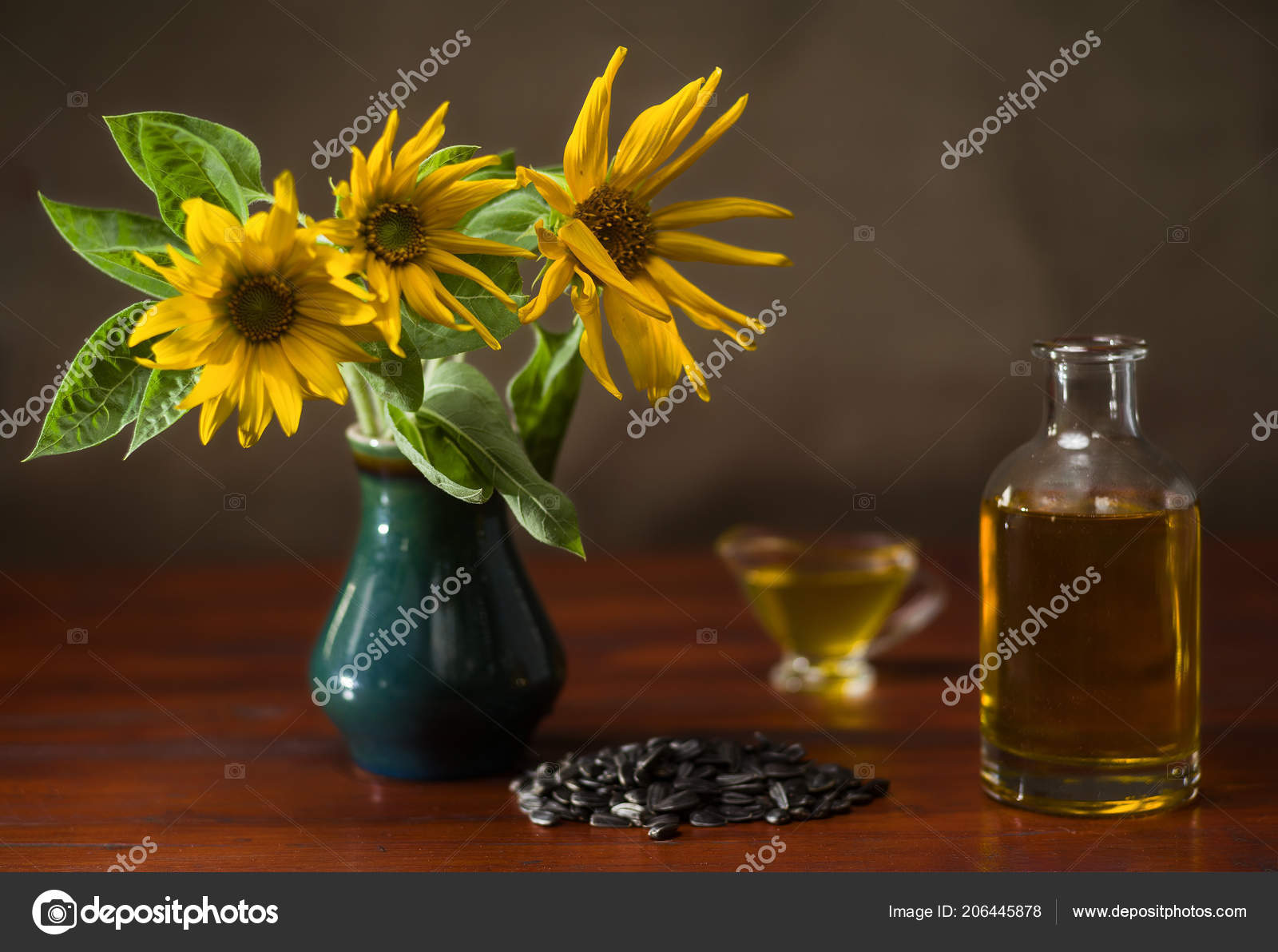 Still Life Sunflowers Vase Sunflower Oil Glass Decanter Gravy Boat