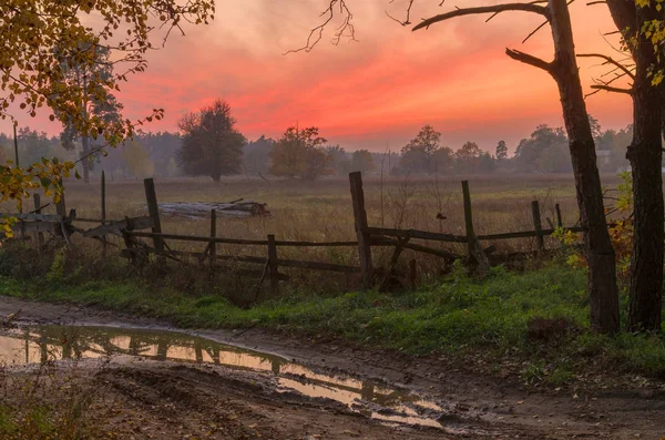 Autumn sunset in the countryside. Evening autumn landscape with an old fence.