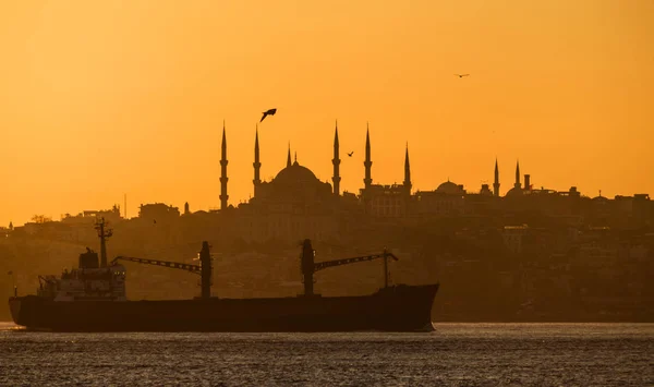 Coucher Soleil Sur Bosphore Istanbul Silhouette Cargo Sur Fond Mosquée — Photo