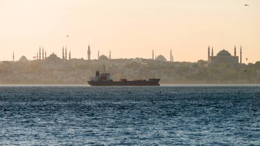 Boğaz'ın akşamı. Bir kargo gemisi Sultan Ahmed bölgesinin arka planı.