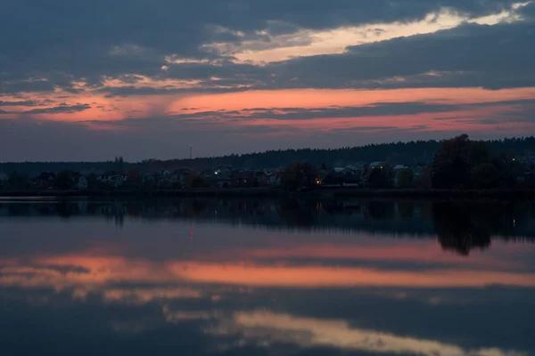 Village Lake Sunset Evening Landscape Reflection Sky Water — Stock Photo, Image