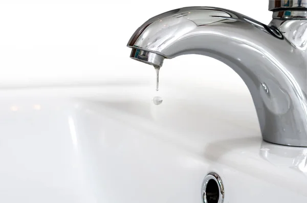 Faucet Drop Water White Sink Water Leaking Saving — Stock Photo, Image
