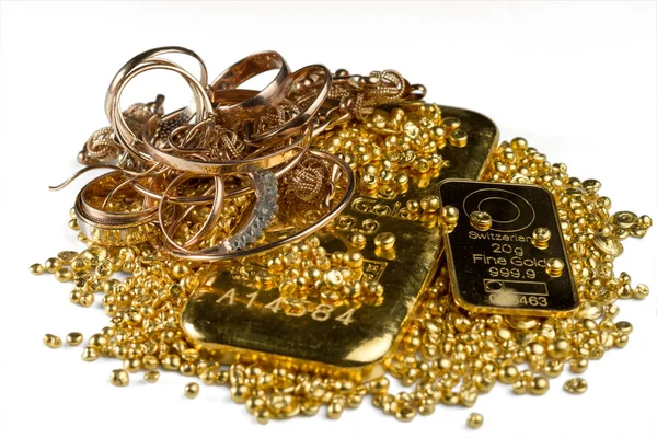 Egy Halom Arany Rúd Gold Ékszer Arany Granulátum Elszigetelt Fehér — Stock Fotó