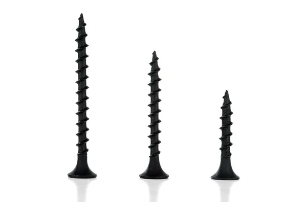 Three Different Length Self Tapping Screws Standing Upright Isolated White — Stock Photo, Image