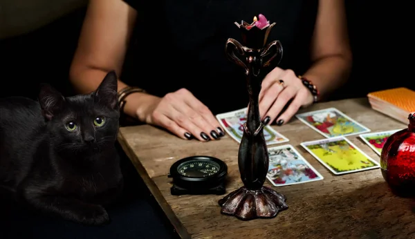 Falcı ahşap bir masaya tarot kartları bir mum ışığıyla ortaya konuyor. Kara kedi masanın. Seçici odak.