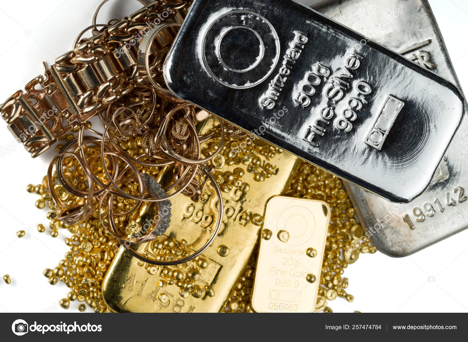 Pile Gold Silver Bars Gold Jewelry Gold Granules Isolated White