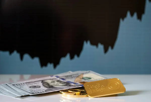 Zlatý Bar Mince Stovky Dolarových Směnek Pozadí Růstového Grafu Selektivní — Stock fotografie