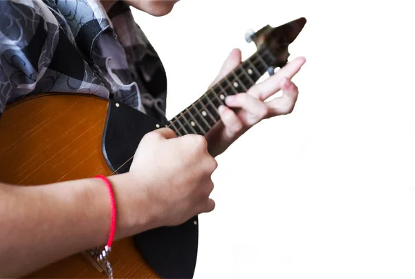 Hands Musician Playing Domra Tremolo Hands Musician Move Selective Focus — Stock Photo, Image
