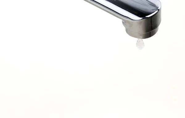 Faucet Drop Water White Background Water Leaking Saving Selective Focus — Stock Photo, Image