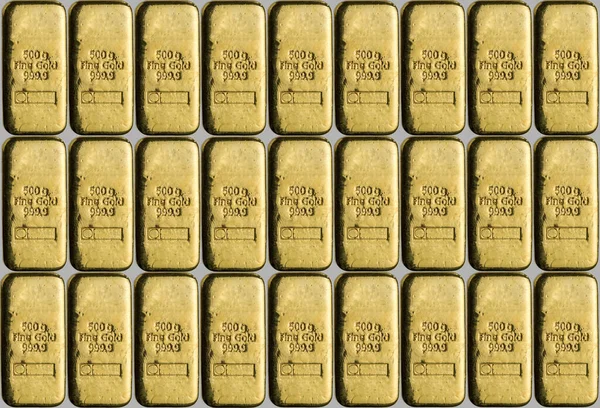 Aranyrúd Szürke Háttérrel Háttér Aranyrudak Súlya 500 Gramm Darab — Stock Fotó