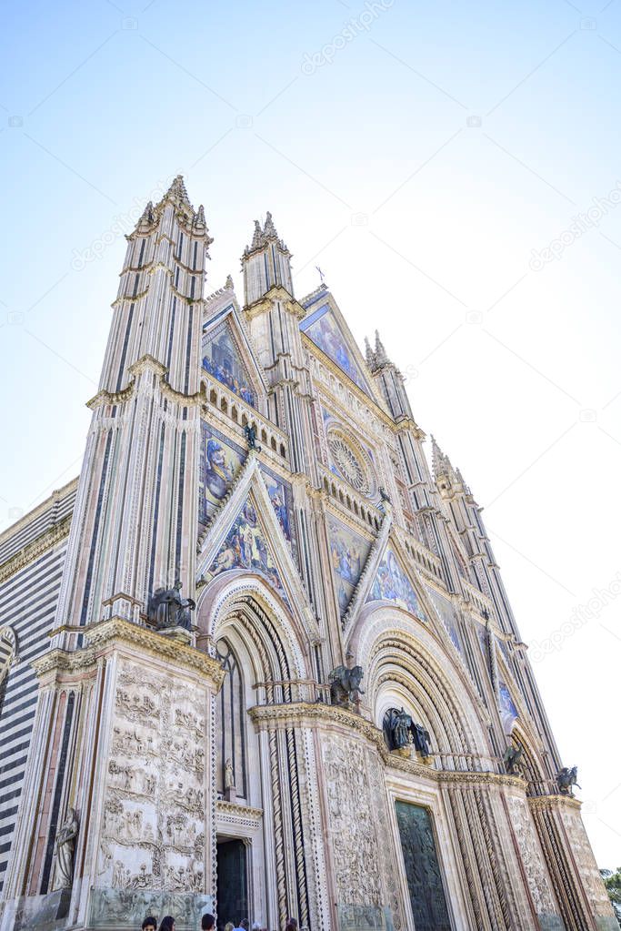 Facade of the Cathedral of Orvieto (Duomo di Orvieto) Italy. Construction in Gothic style dedicated to the Madonna