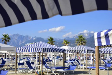 Plaj Versilia (Akdeniz), Viareggio, Toskana, İtalya dan Alpi Apuane görüntüleyin