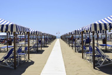 Beach plaj şemsiyeleri Versilia içinde ile. Viareggio, Toskana, İtalya
