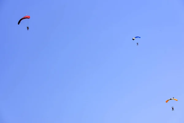Trei Parașutiști Coboară Cer Albastru — Fotografie, imagine de stoc