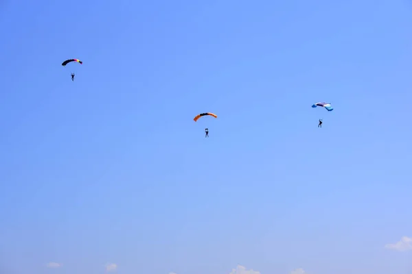 Trois Parachutistes Descendent Contre Ciel Bleu — Photo