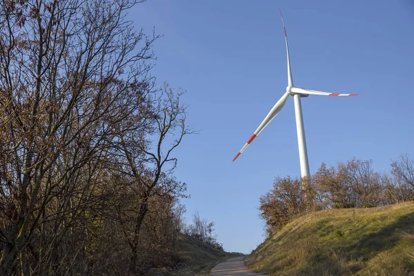 Green energy. Wind turbines for the production of renewable energy. Trentino, Italy