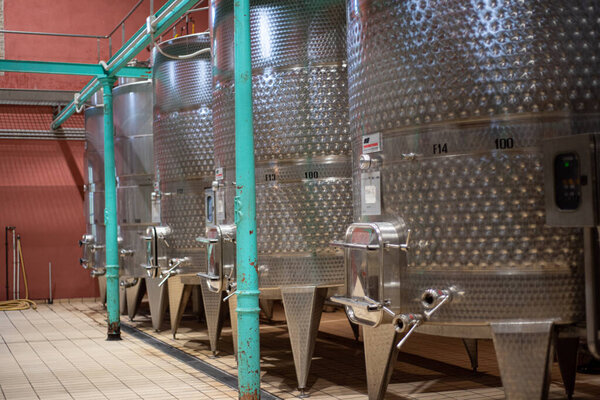 Montefalco, Italy. Cantina (cellar) Scacciadiavoli September 2020. Stainless steel tanks for the fermentation of wine. Sagrantino of Montefalco