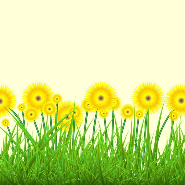 Fondo Primavera Con Hierba Verde Flores Amarillas — Vector de stock