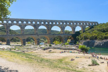 Remoulins , France - august 12, 2016: People Pont du Gard Roman aqueduct